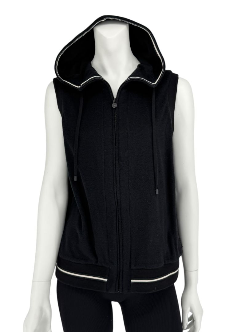 Chanel Black Velour Zip Front Sleeveless Hooded Sweatshirt - Size 42