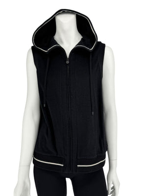 Chanel Black Velour Zip Front Sleeveless Hooded Sweatshirt - Size 42