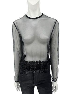 Linda Allard for Ellen Tracy Black Sheer Mesh Beaded Blouse - Size 12