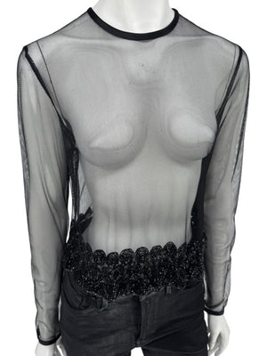 Linda Allard for Ellen Tracy Black Sheer Mesh Beaded Blouse - Size 12