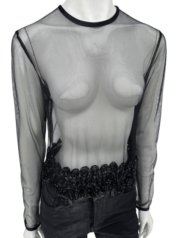Linda Allard for Ellen Tracy Black Sheer Mesh Beaded Blouse - Size 12