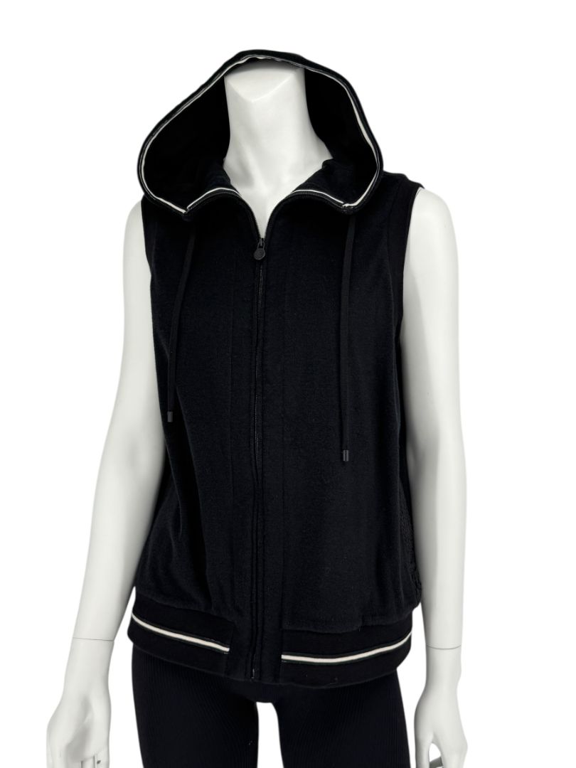 Chanel Black Velour Zip Front Sleeveless Hooded Sweatshirt - Size 42