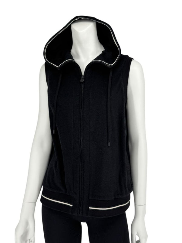 Chanel Black Velour Zip Front Sleeveless Hooded Sweatshirt - Size 42