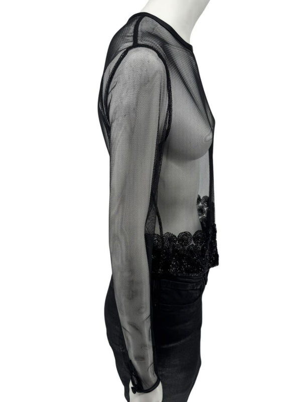 Linda Allard for Ellen Tracy Black Sheer Mesh Beaded Blouse - Size 12