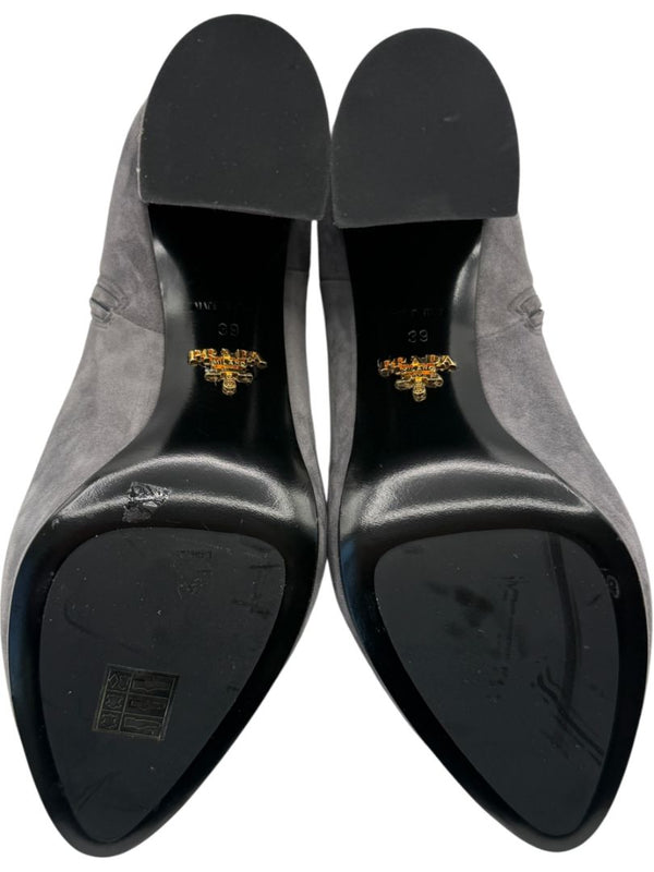 Prada Grey Suede Block Heel Booties – Size 39