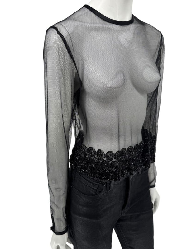 Linda Allard for Ellen Tracy Black Sheer Mesh Beaded Blouse - Size 12