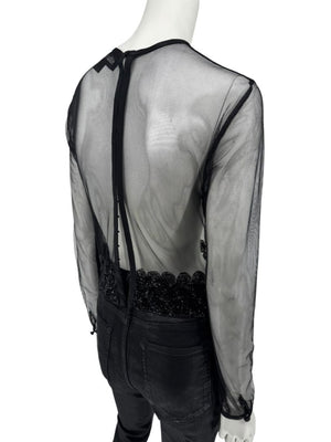 Linda Allard for Ellen Tracy Black Sheer Mesh Beaded Blouse - Size 12