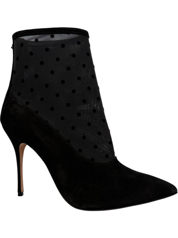 Manolo Blahnik Black Suede & Polka Dot Mesh Booties – Size 39.5