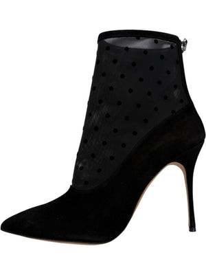 Manolo Blahnik Black Suede & Polka Dot Mesh Booties – Size 39.5