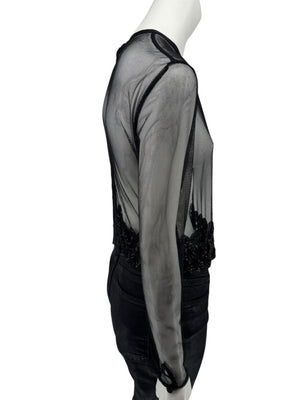 Linda Allard for Ellen Tracy Black Sheer Mesh Beaded Blouse - Size 12