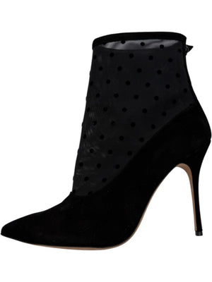 Manolo Blahnik Black Suede & Polka Dot Mesh Booties – Size 39.5