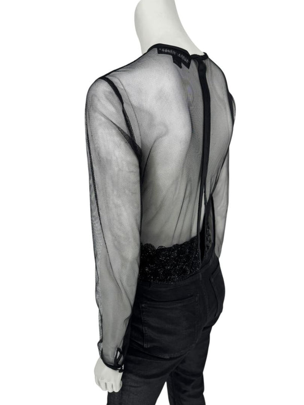 Linda Allard for Ellen Tracy Black Sheer Mesh Beaded Blouse - Size 12