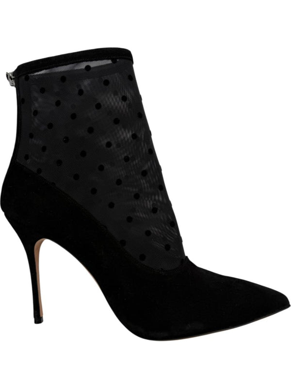 Manolo Blahnik Black Suede & Polka Dot Mesh Booties – Size 39.5