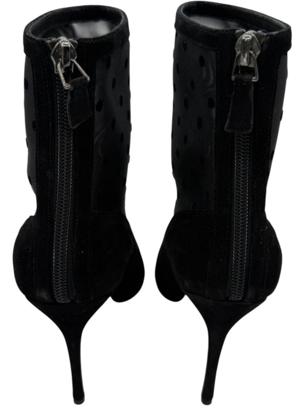 Manolo Blahnik Black Suede & Polka Dot Mesh Booties – Size 39.5