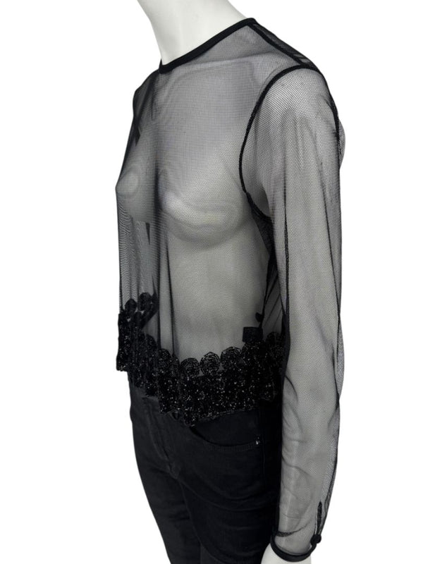 Linda Allard for Ellen Tracy Black Sheer Mesh Beaded Blouse - Size 12