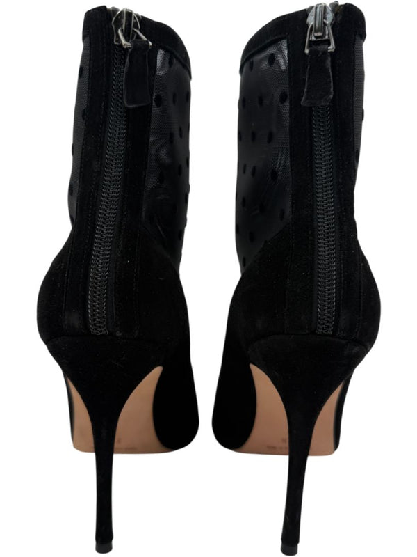 Manolo Blahnik Black Suede & Polka Dot Mesh Booties – Size 39.5