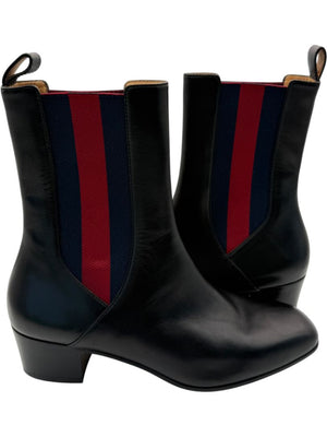 Gucci Black Leather Chelsea Boots with Web Detail – Size 39.5