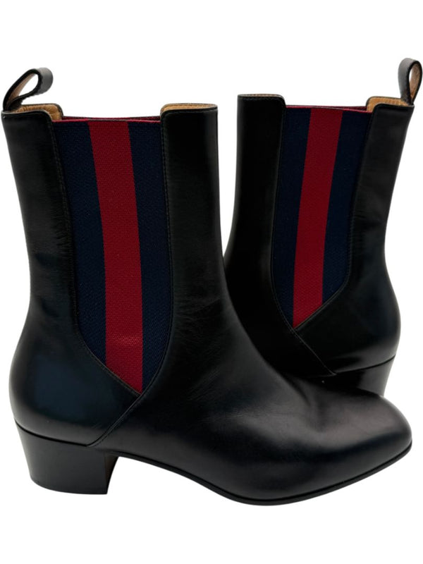 Gucci Black Leather Chelsea Boots with Web Detail – Size 39.5