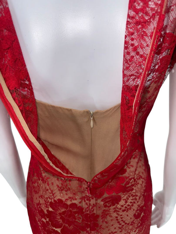 Bill Blass Red Lace Sheer Gown – Size 6