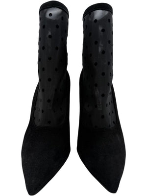 Manolo Blahnik Black Suede & Polka Dot Mesh Booties – Size 39.5