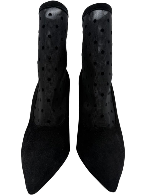 Manolo Blahnik Black Suede & Polka Dot Mesh Booties – Size 39.5