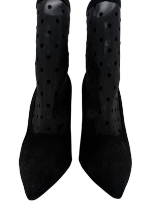 Manolo Blahnik Black Suede & Polka Dot Mesh Booties – Size 39.5