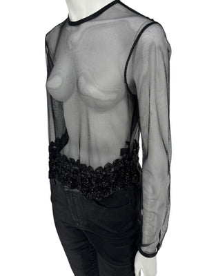 Linda Allard for Ellen Tracy Black Sheer Mesh Beaded Blouse - Size 12