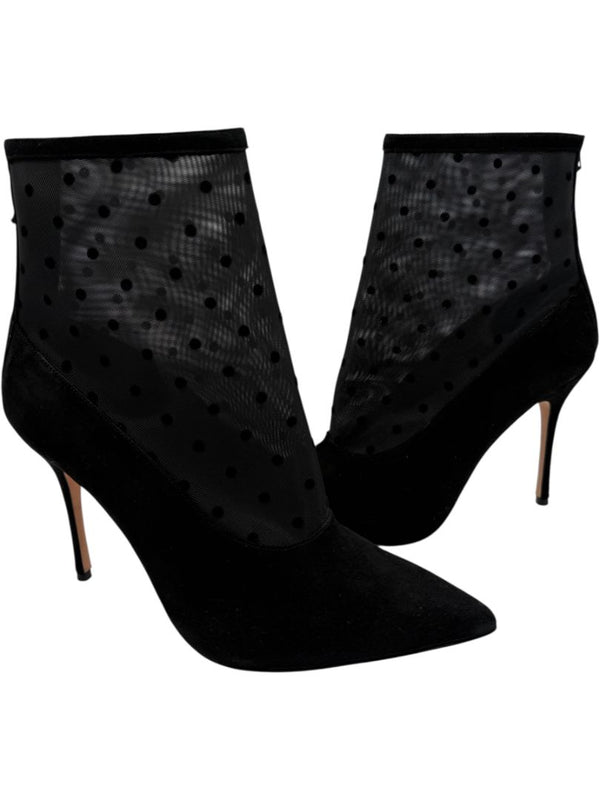 Manolo Blahnik Black Suede & Polka Dot Mesh Booties – Size 39.5
