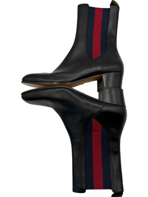 Gucci Black Leather Chelsea Boots with Web Detail – Size 39.5