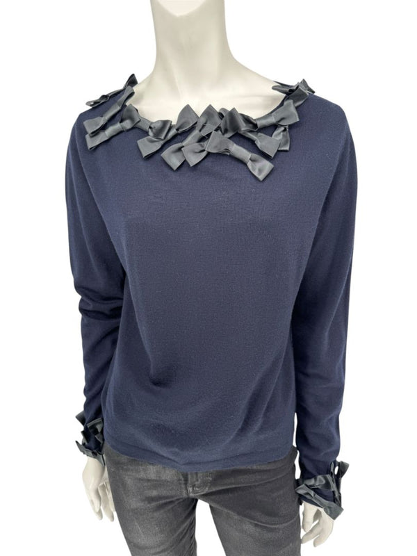 Rena Lange Navy Wool Sweater with Satin Bow Detail – Size 14 US / 46 FR