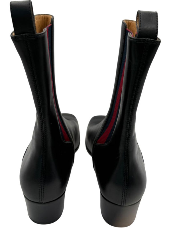Gucci Black Leather Chelsea Boots with Web Detail – Size 39.5
