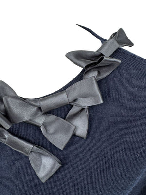 Rena Lange Navy Wool Sweater with Satin Bow Detail – Size 14 US / 46 FR