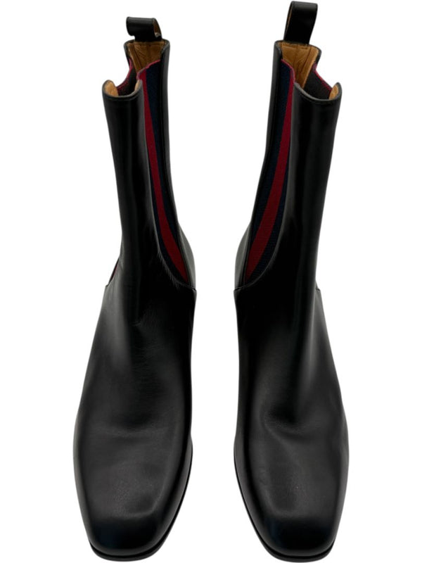 Gucci Black Leather Chelsea Boots with Web Detail – Size 39.5
