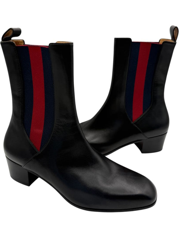Gucci Black Leather Chelsea Boots with Web Detail – Size 39.5