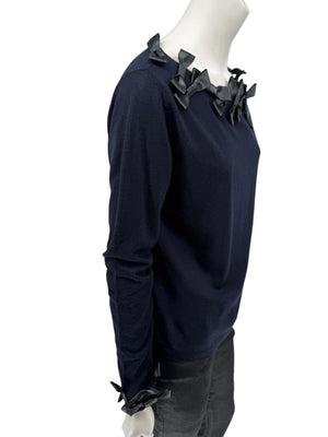 Rena Lange Navy Wool Sweater with Satin Bow Detail – Size 14 US / 46 FR