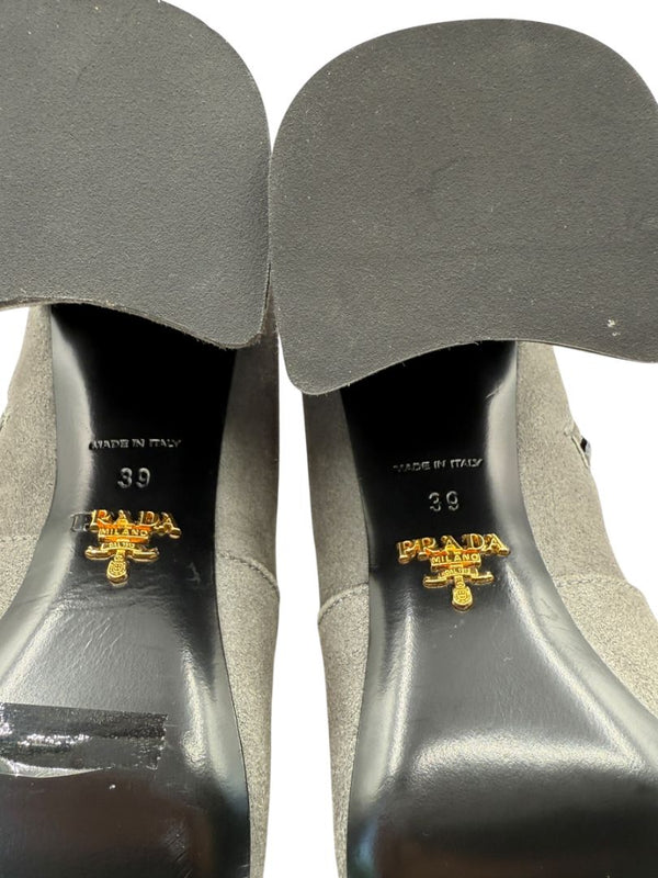 Prada Grey Suede Block Heel Booties – Size 39