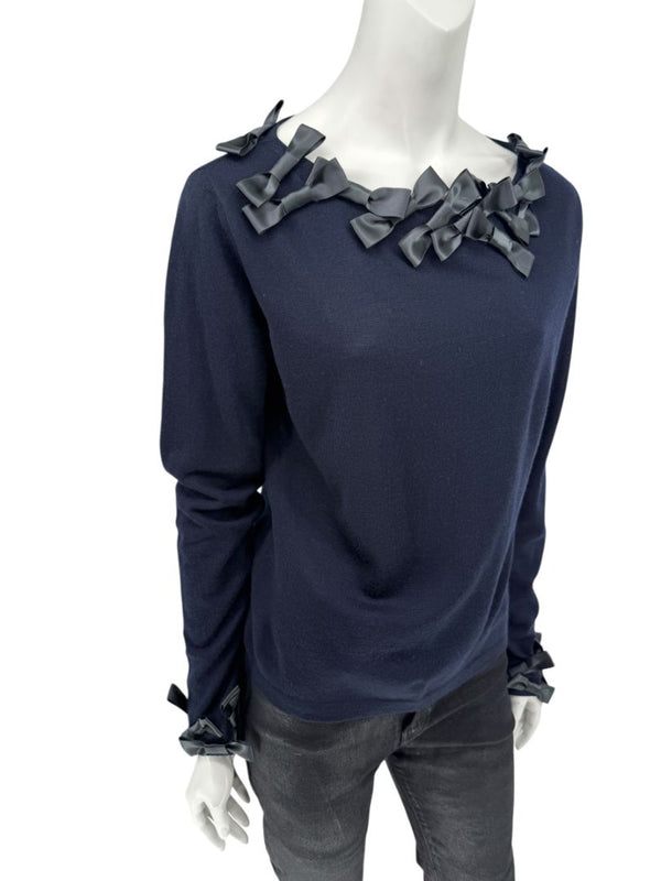 Rena Lange Navy Wool Sweater with Satin Bow Detail – Size 14 US / 46 FR