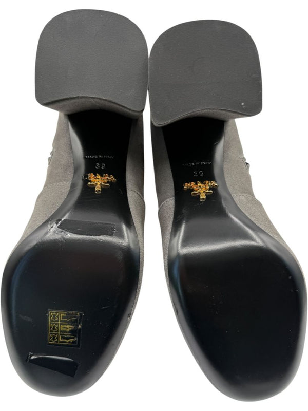 Prada Grey Suede Block Heel Booties – Size 39