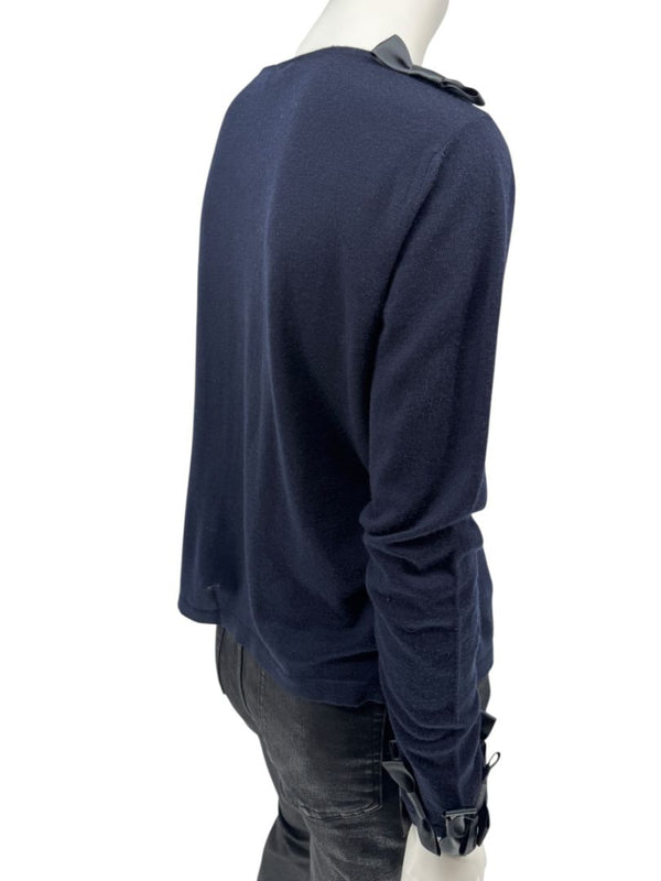 Rena Lange Navy Wool Sweater with Satin Bow Detail – Size 14 US / 46 FR
