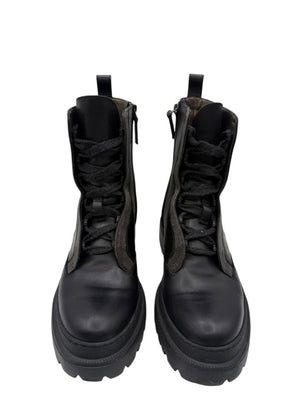 Brunello Cucinelli Monili Beaded Lace up Leather Lug-Sole Combat Boots – Size 36.5