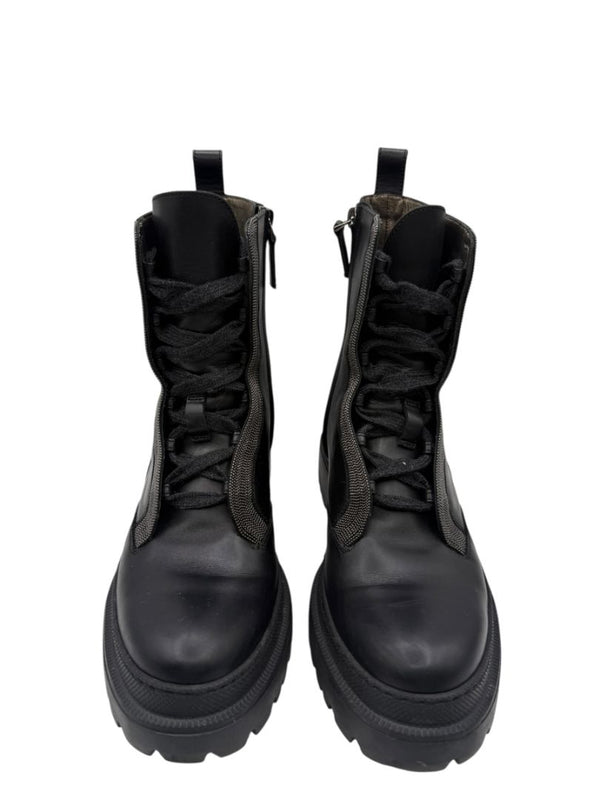 Brunello Cucinelli Monili Beaded Lace up Leather Lug-Sole Combat Boots – Size 36.5