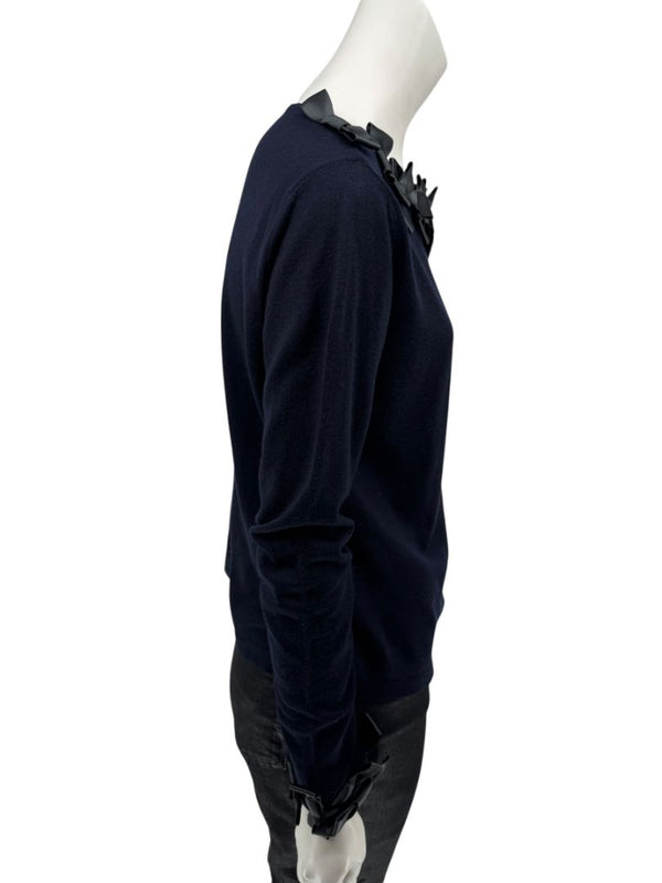 Rena Lange Navy Wool Sweater with Satin Bow Detail – Size 14 US / 46 FR