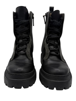 Brunello Cucinelli Monili Beaded Lace up Leather Lug-Sole Combat Boots – Size 36.5