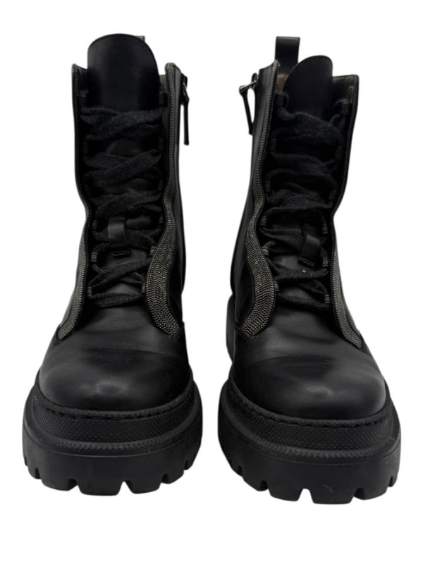 Brunello Cucinelli Monili Beaded Lace up Leather Lug-Sole Combat Boots – Size 36.5