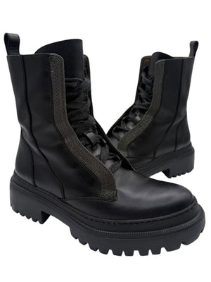 Brunello Cucinelli Monili Beaded Lace up Leather Lug-Sole Combat Boots – Size 36.5