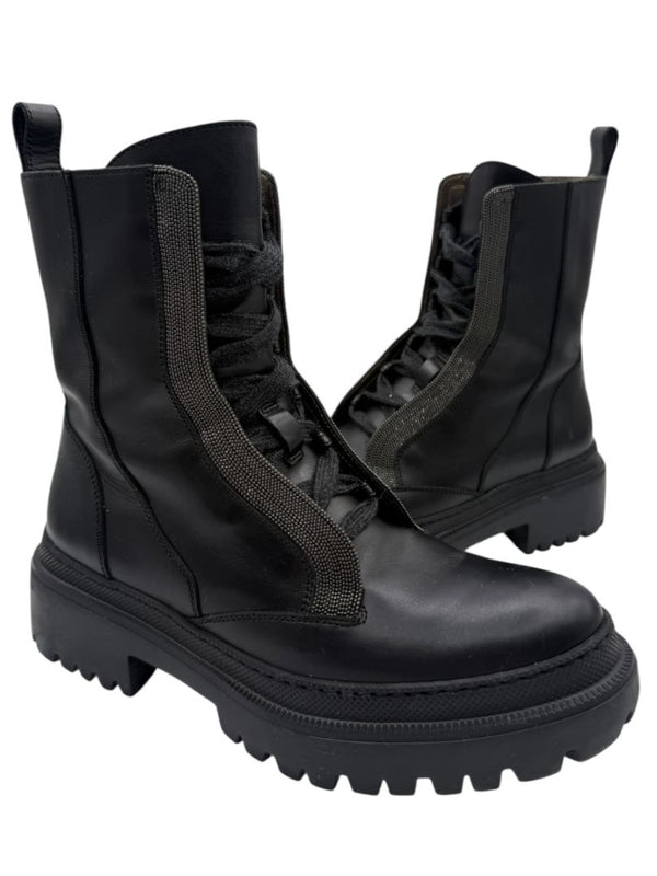 Brunello Cucinelli Monili Beaded Lace up Leather Lug-Sole Combat Boots – Size 36.5