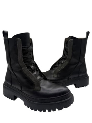 Brunello Cucinelli Monili Beaded Lace up Leather Lug-Sole Combat Boots – Size 36.5