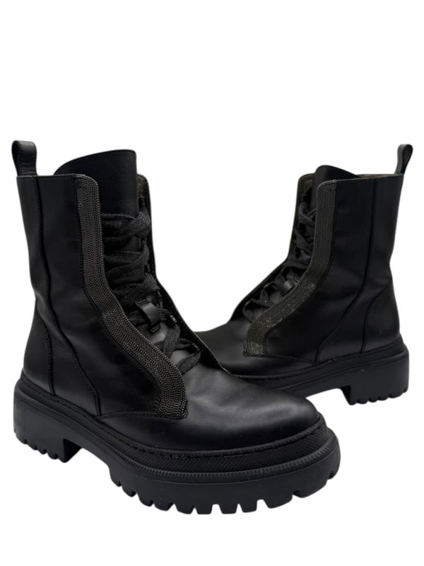 Brunello Cucinelli Monili Beaded Lace up Leather Lug-Sole Combat Boots – Size 36.5