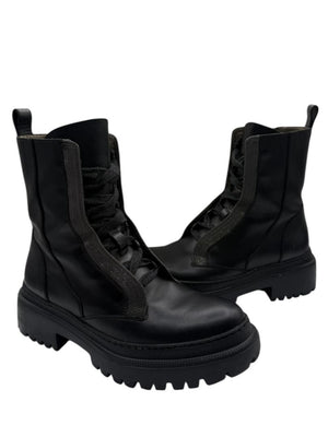Brunello Cucinelli Monili Beaded Lace up Leather Lug-Sole Combat Boots – Size 36.5