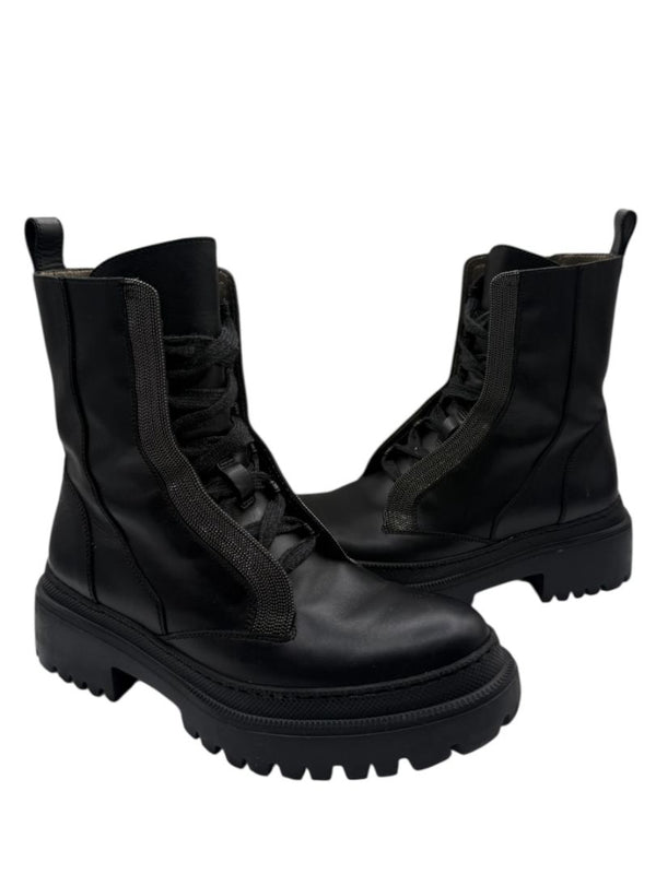 Brunello Cucinelli Monili Beaded Lace up Leather Lug-Sole Combat Boots – Size 36.5